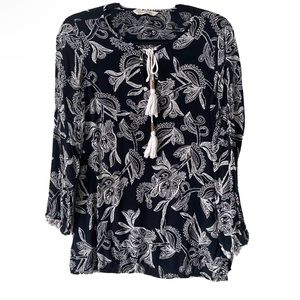 Soft Surroundings Black White Floral Tunic Pom Pom Tassels Long Sleeve Blouse M